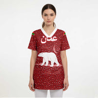 Oman Christmas Scrub Top with Red Geometric Design, White Oryx, and National Emblem Motif - Wonder Print Shop