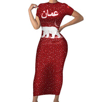 Oman Christmas Short Sleeve Bodycon Dress with Red Geometric Design, White Oryx, and National Emblem Motif - Wonder Print Shop