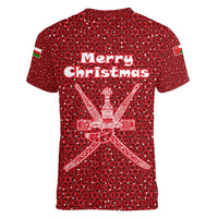 Oman Christmas Women V-Neck T-Shirt with Red Geometric Design, White Oryx, and National Emblem Motif - Wonder Print Shop
