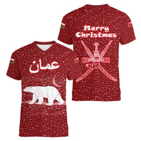 Oman Christmas Women V-Neck T-Shirt with Red Geometric Design, White Oryx, and National Emblem Motif - Wonder Print Shop