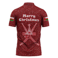 Oman Christmas Zipper Polo Shirt with Red Geometric Design, White Oryx, and National Emblem Motif - Wonder Print Shop