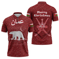 Oman Christmas Zipper Polo Shirt with Red Geometric Design, White Oryx, and National Emblem Motif - Wonder Print Shop