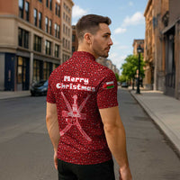 Oman Christmas Zipper Polo Shirt with Red Geometric Design, White Oryx, and National Emblem Motif - Wonder Print Shop