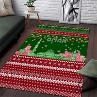 Oman Christmas Area Rug with Green-Red Pattern, Mosque and Fort Landmarks, and Festive Ornament Motif - Wonder Print Shop
