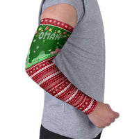 Oman Christmas Arm Sleeves with Green-Red Pattern, Mosque and Fort Landmarks, and Festive Ornament Motif - Wonder Print Shop