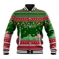 Oman Christmas Baseball Jacket with Green-Red Pattern, Mosque and Fort Landmarks, and Festive Ornament Motif - Wonder Print Shop