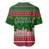 Oman Christmas Baseball Jersey with Green-Red Pattern, Mosque and Fort Landmarks, and Festive Ornament Motif - Wonder Print Shop