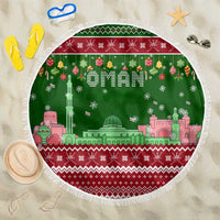 Oman Christmas Beach Blanket with Green-Red Pattern, Mosque and Fort Landmarks, and Festive Ornament Motif - Wonder Print Shop