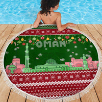 Oman Christmas Beach Blanket with Green-Red Pattern, Mosque and Fort Landmarks, and Festive Ornament Motif - Wonder Print Shop