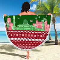 Oman Christmas Beach Blanket with Green-Red Pattern, Mosque and Fort Landmarks, and Festive Ornament Motif - Wonder Print Shop