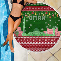 Oman Christmas Beach Blanket with Green-Red Pattern, Mosque and Fort Landmarks, and Festive Ornament Motif - Wonder Print Shop