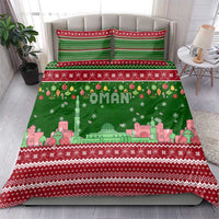 Oman Christmas Bedding Set with Green-Red Pattern, Mosque and Fort Landmarks, and Festive Ornament Motif - Wonder Print Shop