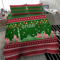 Oman Christmas Bedding Set with Green-Red Pattern, Mosque and Fort Landmarks, and Festive Ornament Motif - Wonder Print Shop