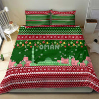 Oman Christmas Bedding Set with Green-Red Pattern, Mosque and Fort Landmarks, and Festive Ornament Motif - Wonder Print Shop