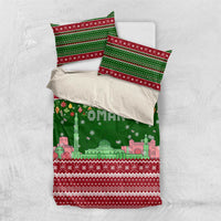 Oman Christmas Bedding Set with Green-Red Pattern, Mosque and Fort Landmarks, and Festive Ornament Motif - Wonder Print Shop