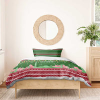 Oman Christmas Bedding Set with Green-Red Pattern, Mosque and Fort Landmarks, and Festive Ornament Motif - Wonder Print Shop