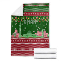 Oman Christmas Blanket with Green-Red Pattern, Mosque and Fort Landmarks, and Festive Ornament Motif - Wonder Print Shop