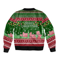 Oman Christmas Bomber Jacket with Green-Red Pattern, Mosque and Fort Landmarks, and Festive Ornament Motif - Wonder Print Shop