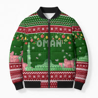 Oman Christmas Bomber Puffer Jacket with Green-Red Pattern, Mosque and Fort Landmarks, and Festive Ornament Motif - Wonder Print Shop