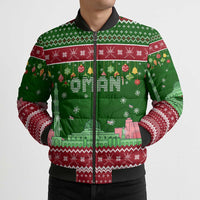 Oman Christmas Bomber Puffer Jacket with Green-Red Pattern, Mosque and Fort Landmarks, and Festive Ornament Motif - Wonder Print Shop