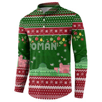 Oman Christmas Button Sweatshirt with Green-Red Pattern, Mosque and Fort Landmarks, and Festive Ornament Motif - Wonder Print Shop