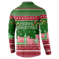 Oman Christmas Button Sweatshirt with Green-Red Pattern, Mosque and Fort Landmarks, and Festive Ornament Motif - Wonder Print Shop