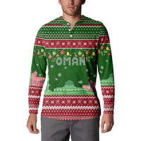 Oman Christmas Button Sweatshirt with Green-Red Pattern, Mosque and Fort Landmarks, and Festive Ornament Motif - Wonder Print Shop