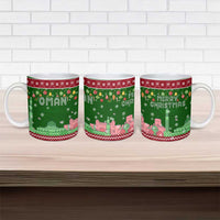 Oman Christmas Ceramic Mug with Green-Red Pattern, Mosque and Fort Landmarks, and Festive Ornament Motif - Wonder Print Shop