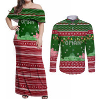 Oman Christmas Couples Matching Off Shoulder Maxi Dress and Long Sleeve Button Shirt with Green-Red Pattern, Mosque and Fort Landmarks, and Festive Ornament Motif - Wonder Print Shop