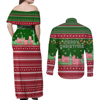 Oman Christmas Couples Matching Off Shoulder Maxi Dress and Long Sleeve Button Shirt with Green-Red Pattern, Mosque and Fort Landmarks, and Festive Ornament Motif - Wonder Print Shop