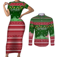 Oman Christmas Couples Matching Short Sleeve Bodycon Dress and Long Sleeve Button Shirt with Green-Red Pattern, Mosque and Fort Landmarks, and Festive Ornament Motif - Wonder Print Shop