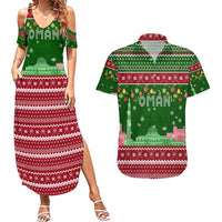 Oman Christmas Couples Matching Summer Maxi Dress and Hawaiian Shirt with Green-Red Pattern, Mosque and Fort Landmarks, and Festive Ornament Motif - Wonder Print Shop