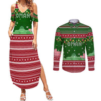 Oman Christmas Couples Matching Summer Maxi Dress and Long Sleeve Button Shirt with Green-Red Pattern, Mosque and Fort Landmarks, and Festive Ornament Motif - Wonder Print Shop