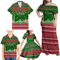 Oman Christmas Family Matching Off Shoulder Maxi Dress and Hawaiian Shirt with Green-Red Pattern, Mosque and Fort Landmarks, and Festive Ornament Motif - Wonder Print Shop