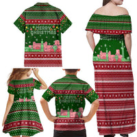 Oman Christmas Family Matching Off Shoulder Maxi Dress and Hawaiian Shirt with Green-Red Pattern, Mosque and Fort Landmarks, and Festive Ornament Motif - Wonder Print Shop