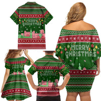 Oman Christmas Family Matching Off Shoulder Short Dress and Hawaiian Shirt with Green-Red Pattern, Mosque and Fort Landmarks, and Festive Ornament Motif - Wonder Print Shop