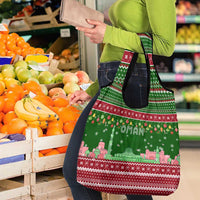 Oman Christmas Grocery Bag with Green-Red Pattern, Mosque and Fort Landmarks, and Festive Ornament Motif - Wonder Print Shop
