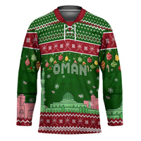 Oman Christmas Hockey Jersey with Green-Red Pattern, Mosque and Fort Landmarks, and Festive Ornament Motif - Wonder Print Shop