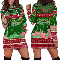 Oman Christmas Hoodie Dress with Green-Red Pattern, Mosque and Fort Landmarks, and Festive Ornament Motif - Wonder Print Shop