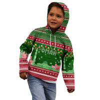 Oman Christmas Kid Hoodie with Green-Red Pattern, Mosque and Fort Landmarks, and Festive Ornament Motif - Wonder Print Shop