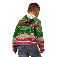 Oman Christmas Kid Hoodie with Green-Red Pattern, Mosque and Fort Landmarks, and Festive Ornament Motif - Wonder Print Shop