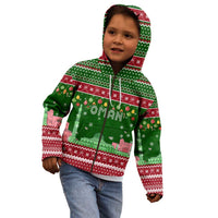 Oman Christmas Kid Hoodie with Green-Red Pattern, Mosque and Fort Landmarks, and Festive Ornament Motif - Wonder Print Shop