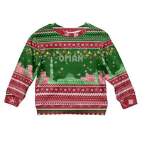 Oman Christmas Kid Ugly Christmas Sweater with Green-Red Pattern, Mosque and Fort Landmarks, and Festive Ornament Motif - Wonder Print Shop