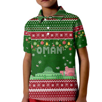 Oman Christmas Kid Polo Shirt with Green-Red Pattern, Mosque and Fort Landmarks, and Festive Ornament Motif - Wonder Print Shop