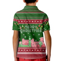 Oman Christmas Kid Polo Shirt with Green-Red Pattern, Mosque and Fort Landmarks, and Festive Ornament Motif - Wonder Print Shop