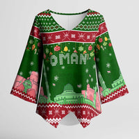 Oman Christmas Kimono Sleeve Blouse with Green-Red Pattern, Mosque and Fort Landmarks, and Festive Ornament Motif - Wonder Print Shop