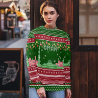 Oman Christmas Ugly Christmas Sweater with Green-Red Pattern, Mosque and Fort Landmarks, and Festive Ornament Motif - Wonder Print Shop
