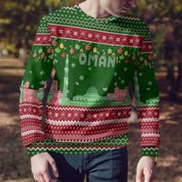 Oman Christmas Ugly Christmas Sweater with Green-Red Pattern, Mosque and Fort Landmarks, and Festive Ornament Motif - Wonder Print Shop