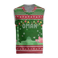 Oman Christmas Knitted V-Neck Vest with Green-Red Pattern, Mosque and Fort Landmarks, and Festive Ornament Motif - Wonder Print Shop