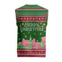 Oman Christmas Knitted V-Neck Vest with Green-Red Pattern, Mosque and Fort Landmarks, and Festive Ornament Motif - Wonder Print Shop